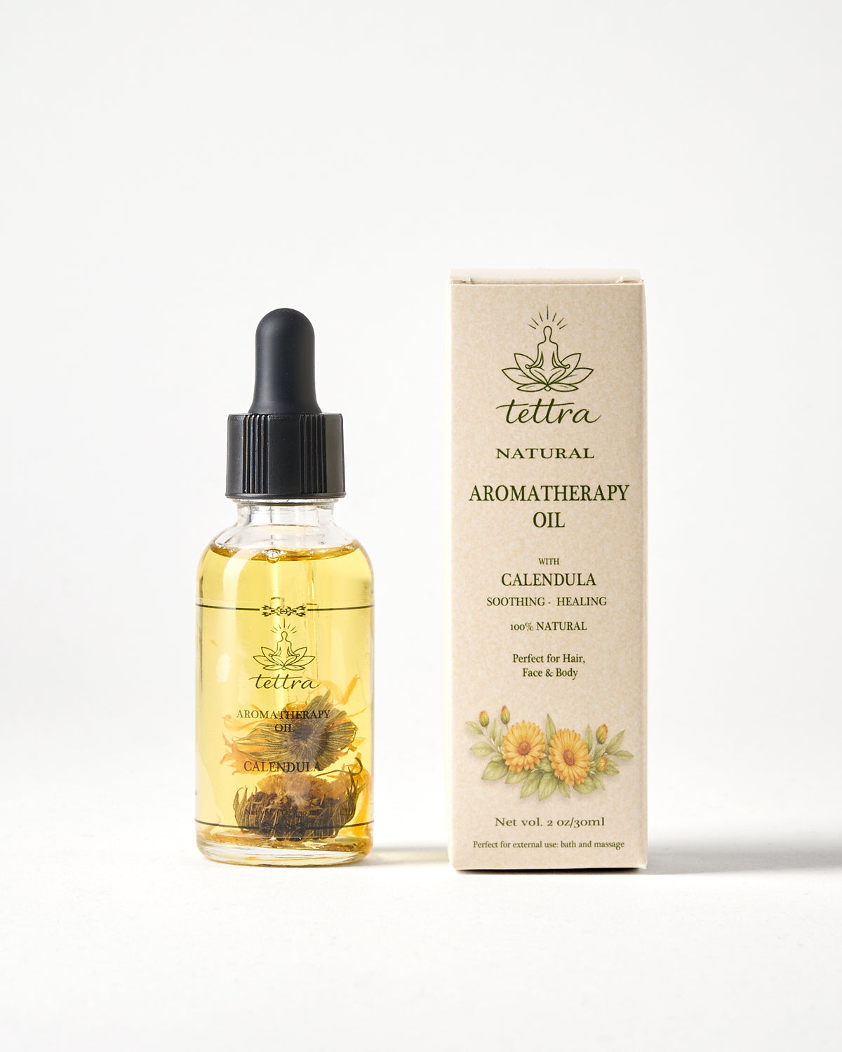 TETTRA calendula aromatherapy oil bottle and box