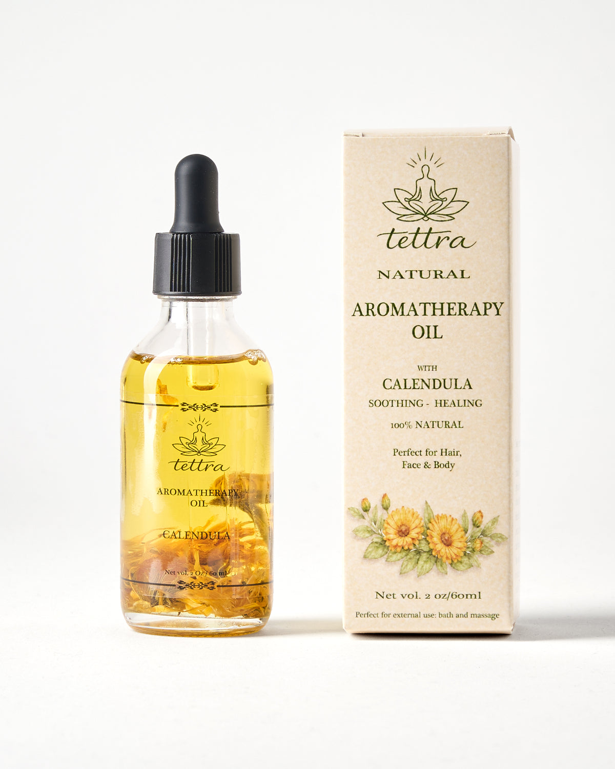 TETTRA calendula aromatherapy oil bottle and box